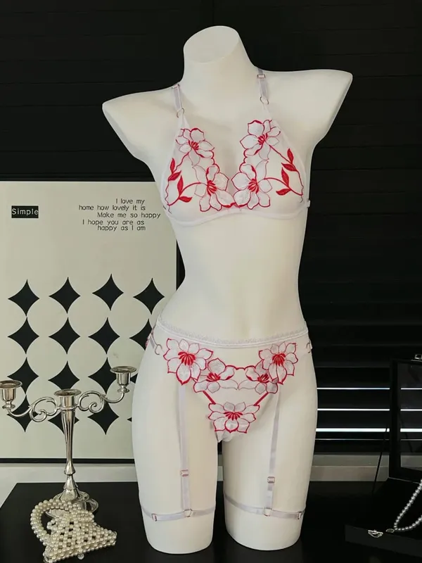 3Pcs/Set Flower Sexy Bra Set Women Bralette Girls Lace Underwear Thong Erotic Transparent Bras Lingerie Panty Sets — image 2