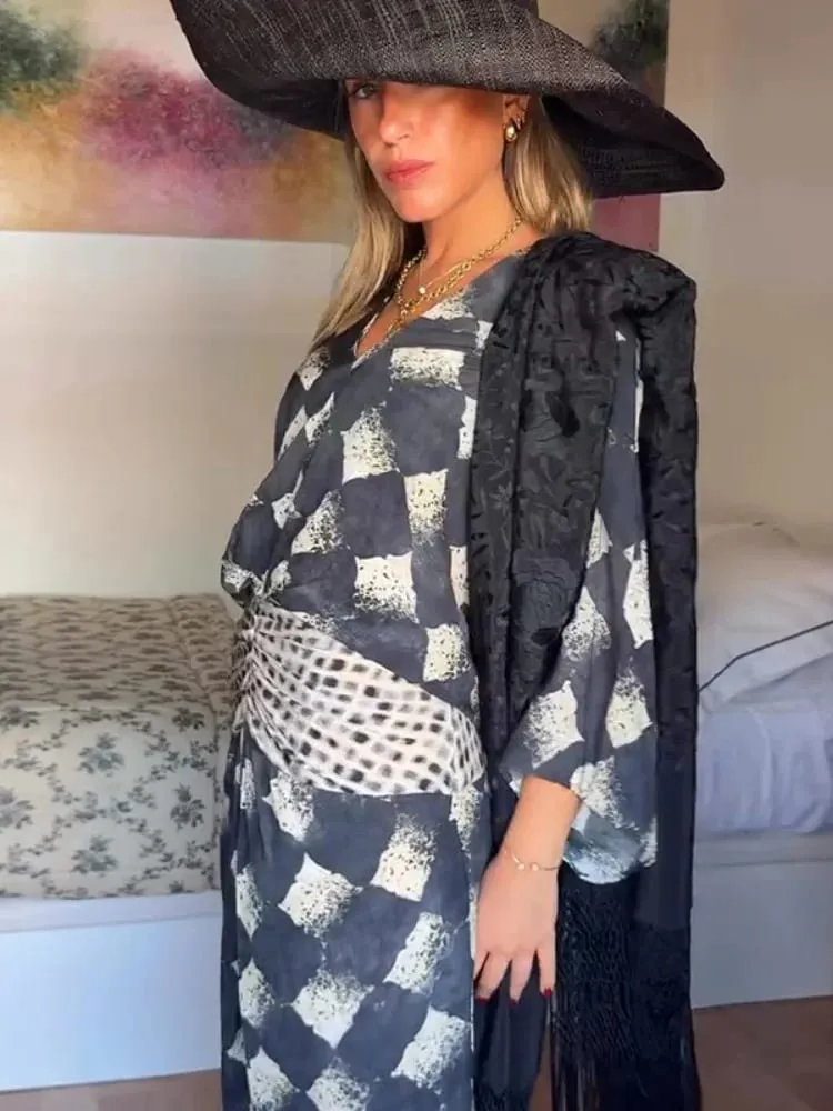 Women Dress Printed V-Neck Batwing Sleeve Cinched Waist Maxi Dresses Loose Fit Flowy A-Line Skirt Elegant Beach Chic Outerwears