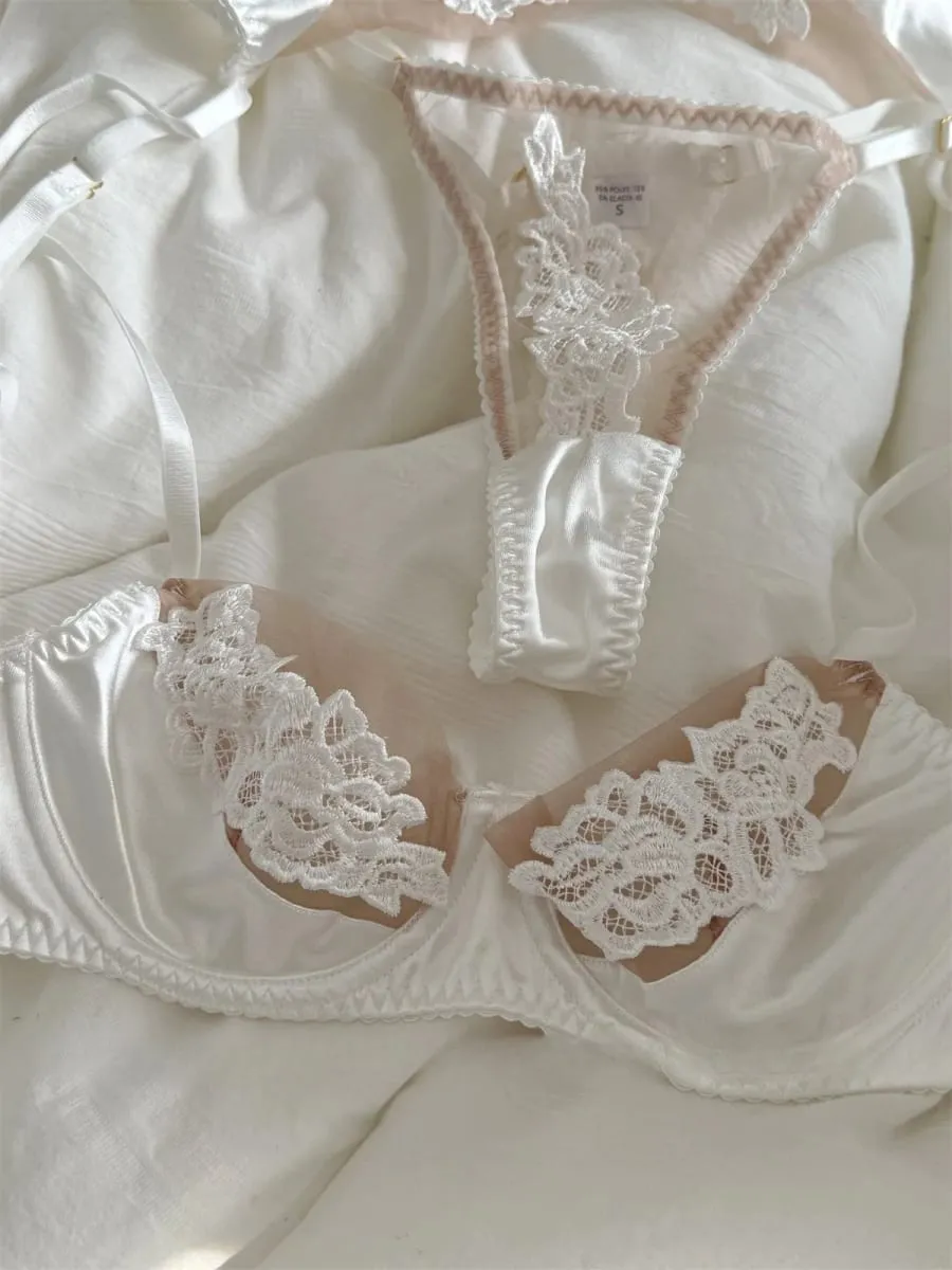 Broderade blommor underkläder tredelade underkläder tunna behåar andas topp push up kvinnor stor storlek BH set — image 4