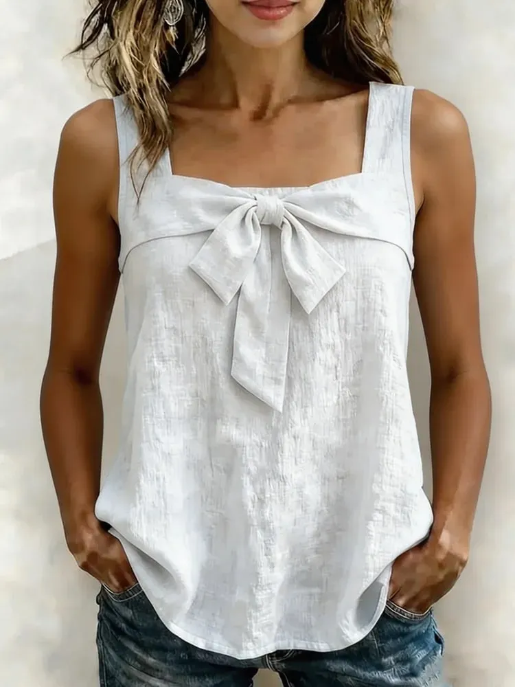 Women Square Neck Sleeveless Tank Tops Front Bow Decor Solid Color Casual Summer Ladies Camisole — image 9
