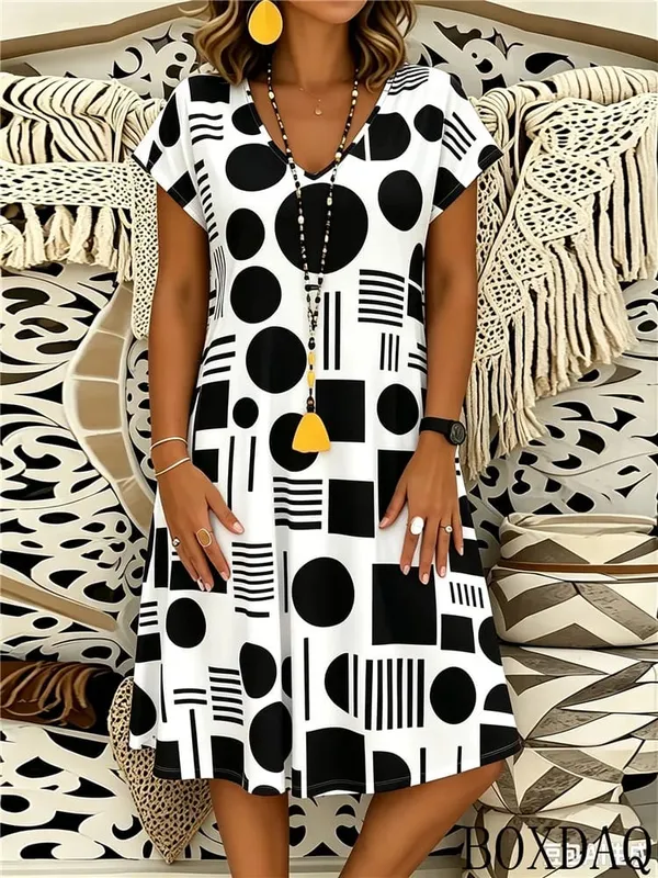 2026 Summer Fashion Geometric Pattern Printed Women's Dress Short Sleeve V-neck Casual Dresses — image 6