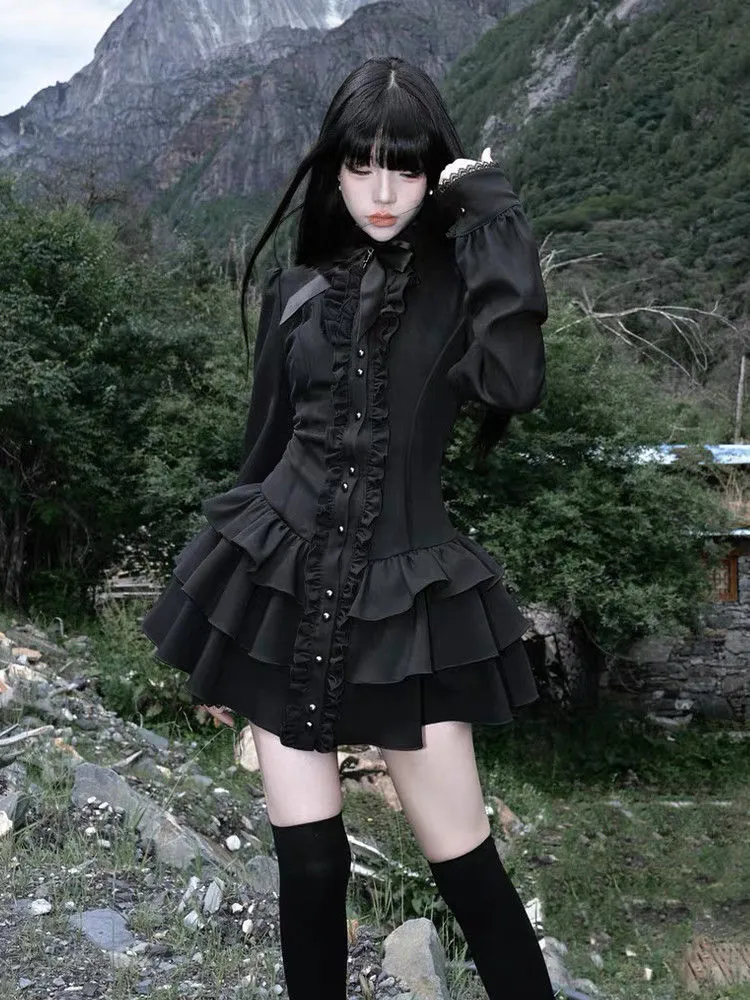Gothic Vintage Spets Y2k Mini Klänning Dam Design Streetwear Svart Lolita Slim Klänning Långärmad Elegant Klänning Spicy Girls — image 3