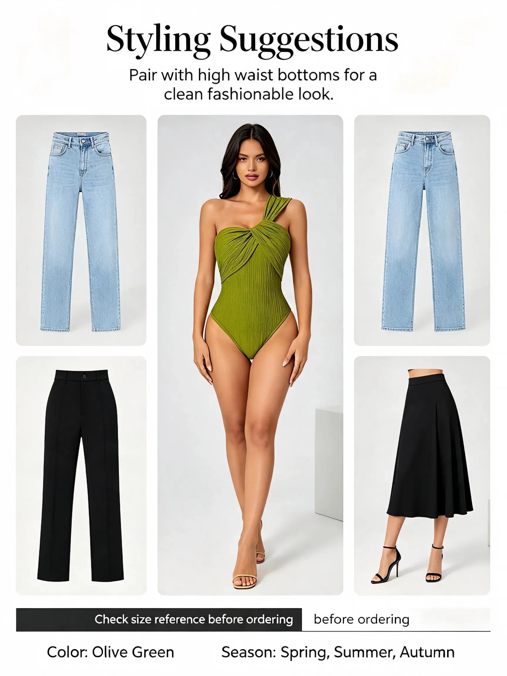 Women One Shoulder Twist Bodysuit Textured Crinkle Fabric Sleeveless Slim Fit Party Club Jumpsuit Top Green — image 9