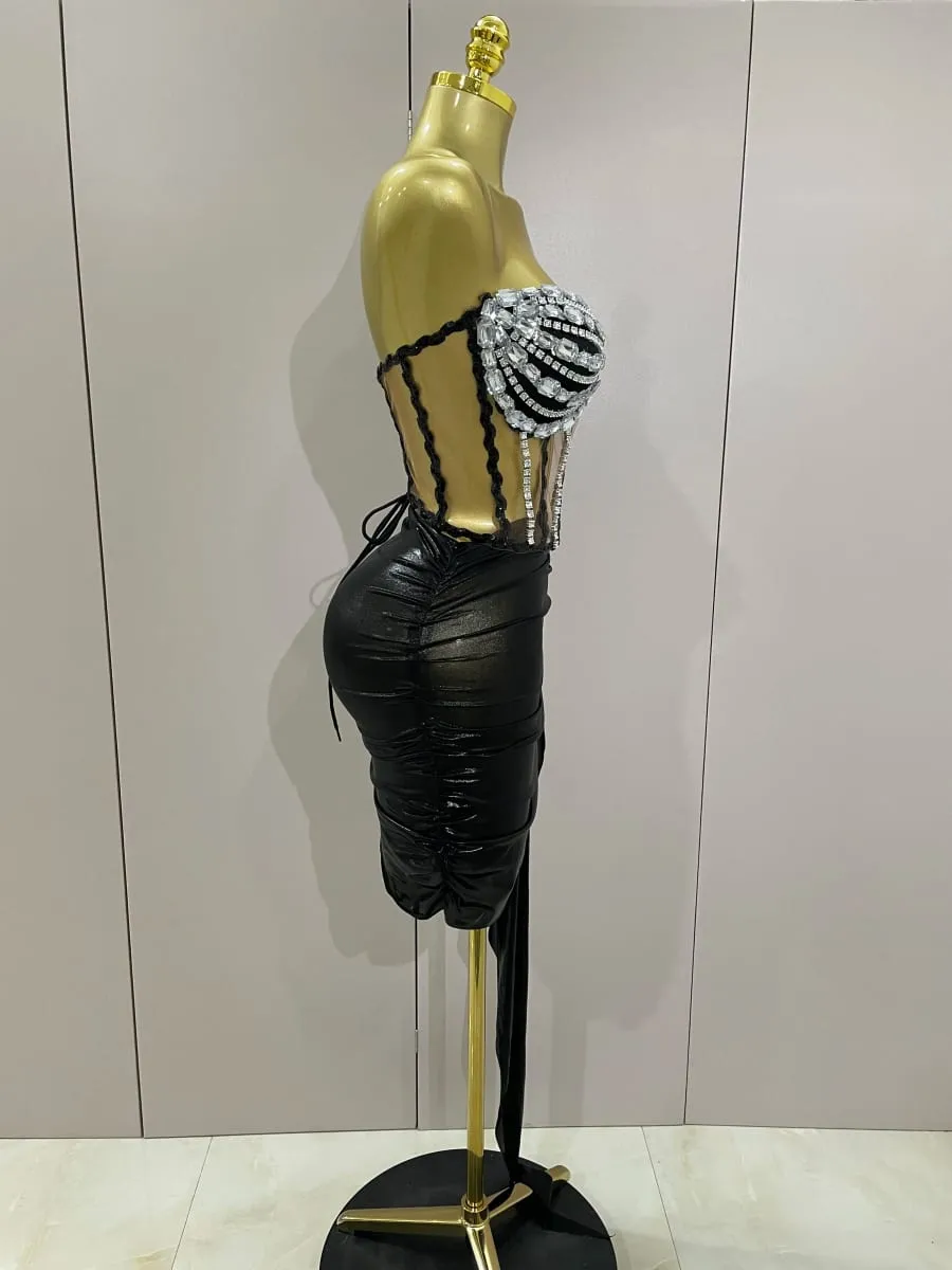 Sexy brilhante strass lantejoulas 2 peças conjunto de saia superior 2025 feminino celebridade festa à noite palco boate desempenho traje — image 4