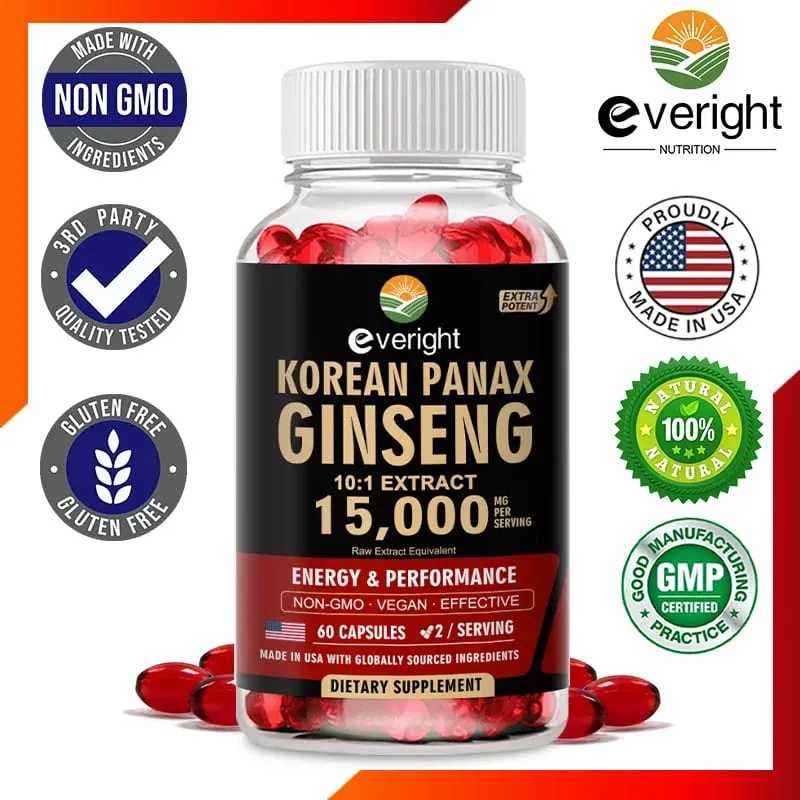 Korean Red Ginseng Capsules- 1500mg Natural High Strength for Men Vitality Energy Performance Focus Immune Health