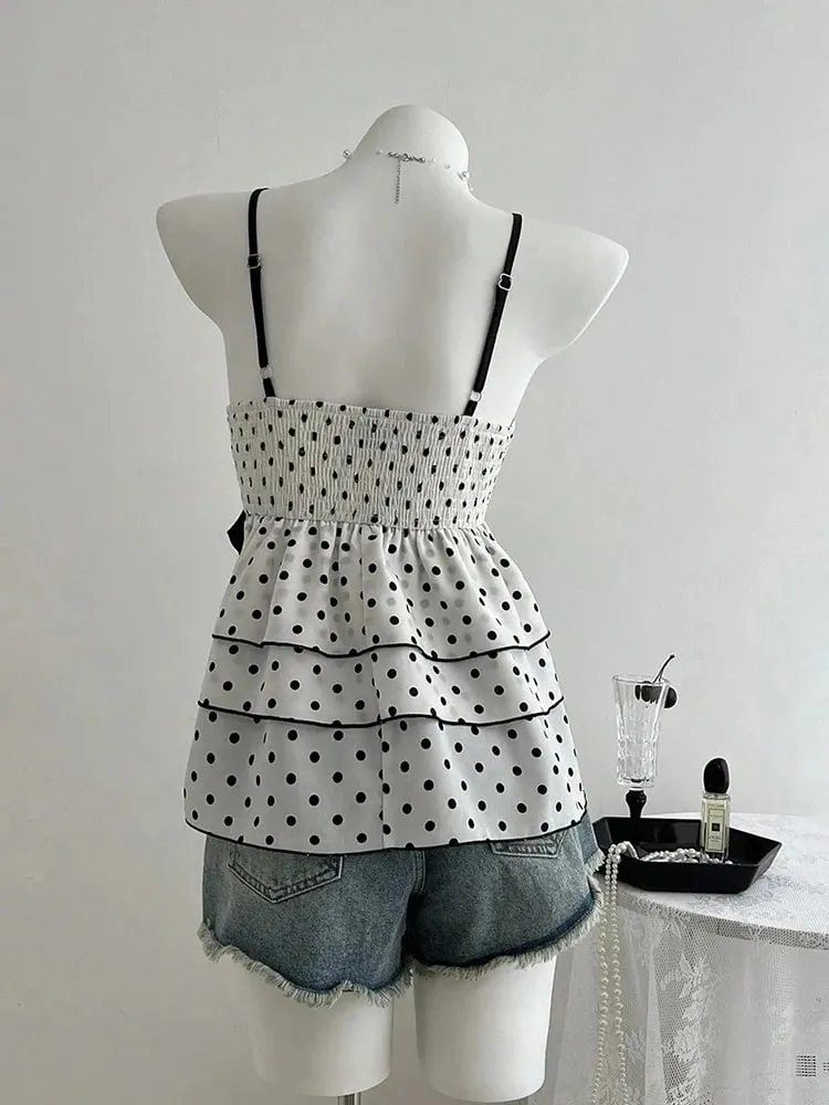 French-Style Retro Lace Patchwork Color-Blocked Bow Polka Dot Camisole Sweet Youthful Stylish Slimming Vacation High-End Top for Women Women's Clothing — image 3