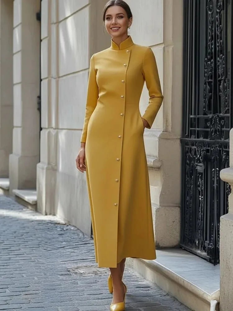 Freeacy feminino amarelo gola mandarim diagonal manga longa abotoado maxi vestido para convidados do casamento 2026 vestido de escritório de luxo — image 4