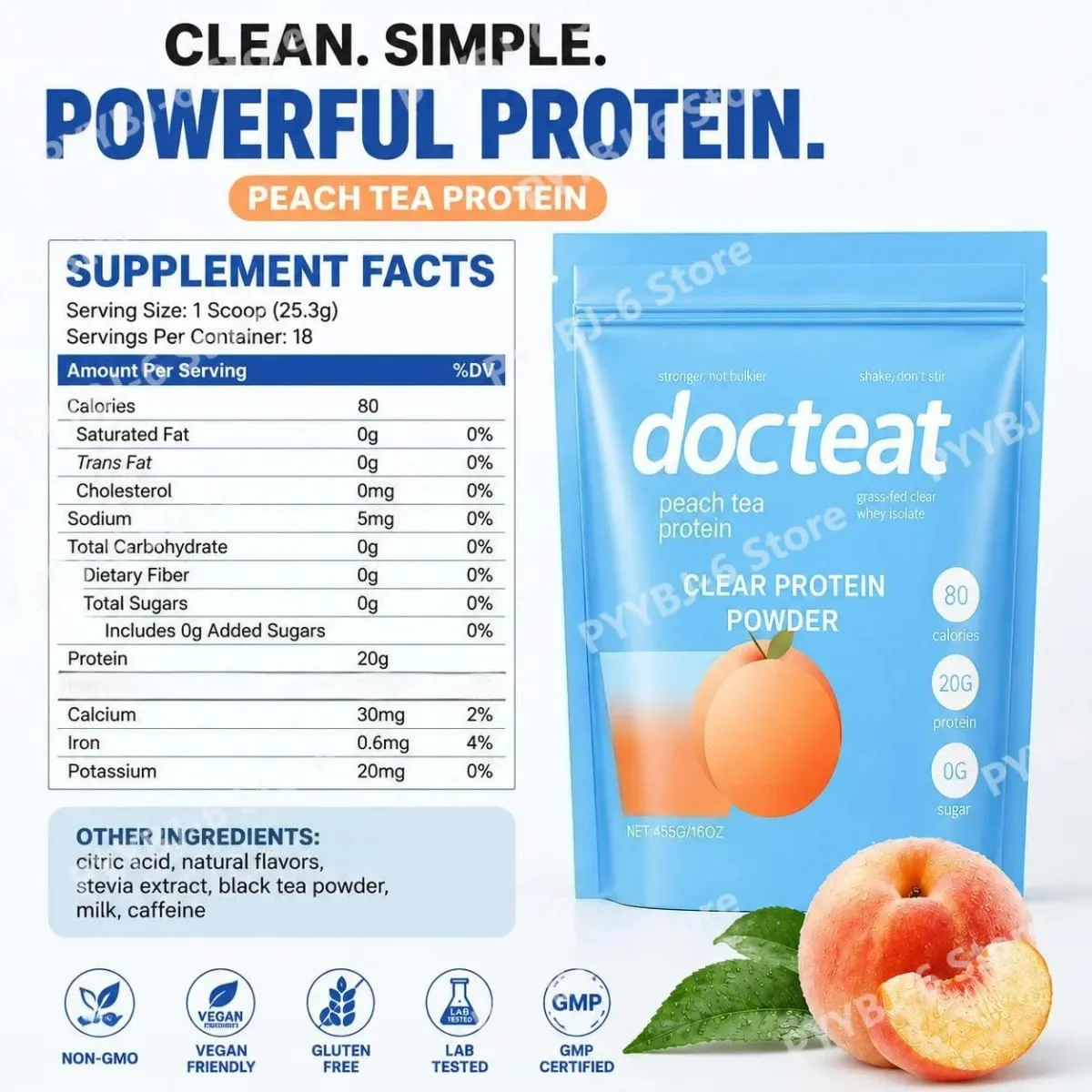 Docteat Peach Tea Clear Protein Powder 455g Whey Isolate & Stevia 20g Protein Low Fat 0g Sugar Fitness Workout Recovery Support — image 3