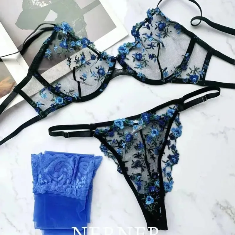 French Floral Bra Set Women | Sweet Sexy Sheer Mesh Lace Transparent Underwear Set | Practical & Feminine MOYISU Sexy Panty Set — image 2