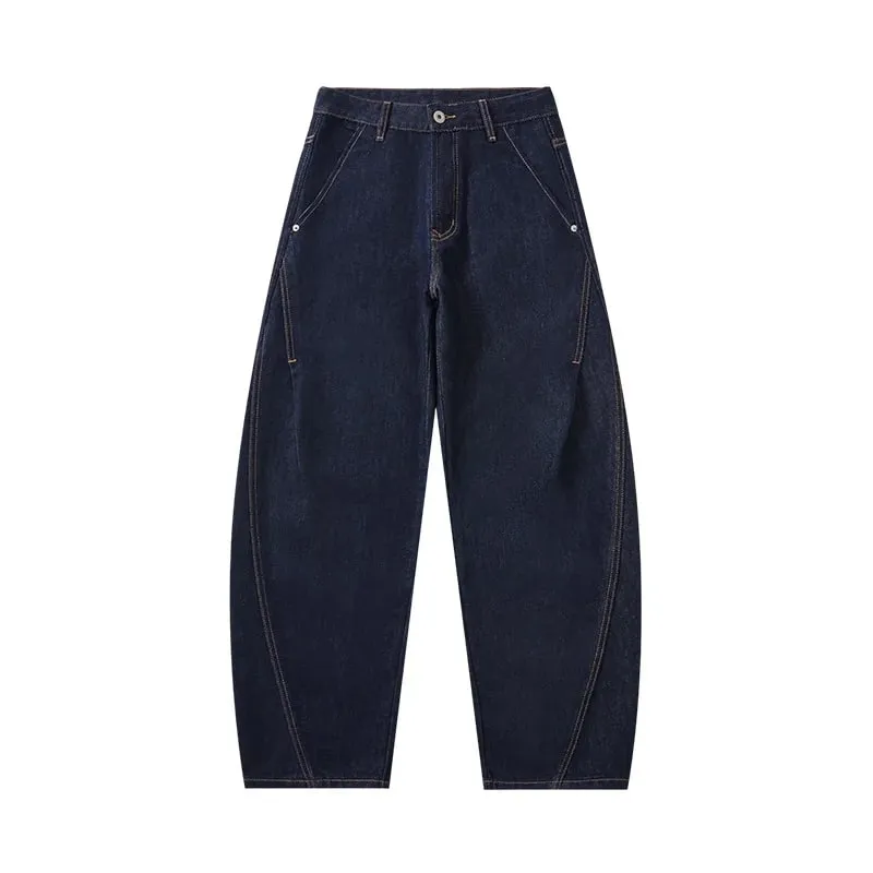 Autumn Winter 2026 New Fashion American Style Men's Dark Blue Solid Color Casual Trendy Simple Basic Wide Leg Loose Jeans Pants