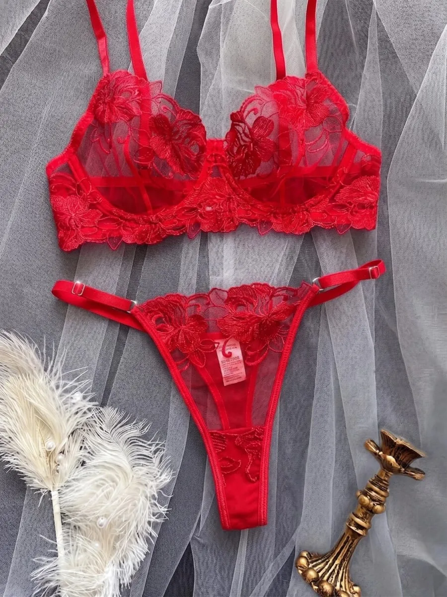 A1 sexy vermelho floral bordado puro laço lingerie conjunto S-XL feminino ver através de malha sutiã tanga 2 pçs romântico dia dos namorados íntimos — image 4