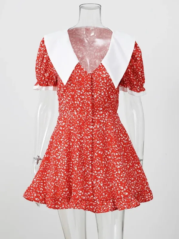 Women Red Floral Printed V-neck Short Sleeved Dress Puff Sleeve Waist Trim Ruffle Slit Hem Mini Dresses 2026 Summer Party Gowns — image 9