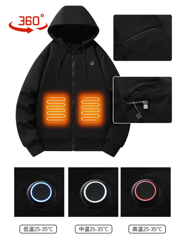 USB Heating Luvtröjor Herr Vinter Eluppvärmda Luvtröjor Jackor Uppvärmd Zipper Hoodie Infraröd 5 Värmeområden Jacka Svart Grå — image 19