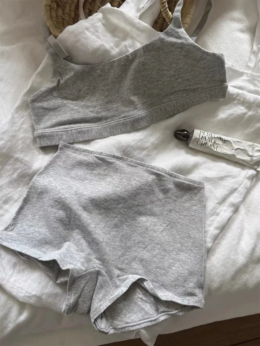 Vintage bomulls-sport-bh-set för kvinnor, sömlös behå med justerad rem+låg midja boxershorts Solida enkla underkläderset med hög elasticitet — image 6