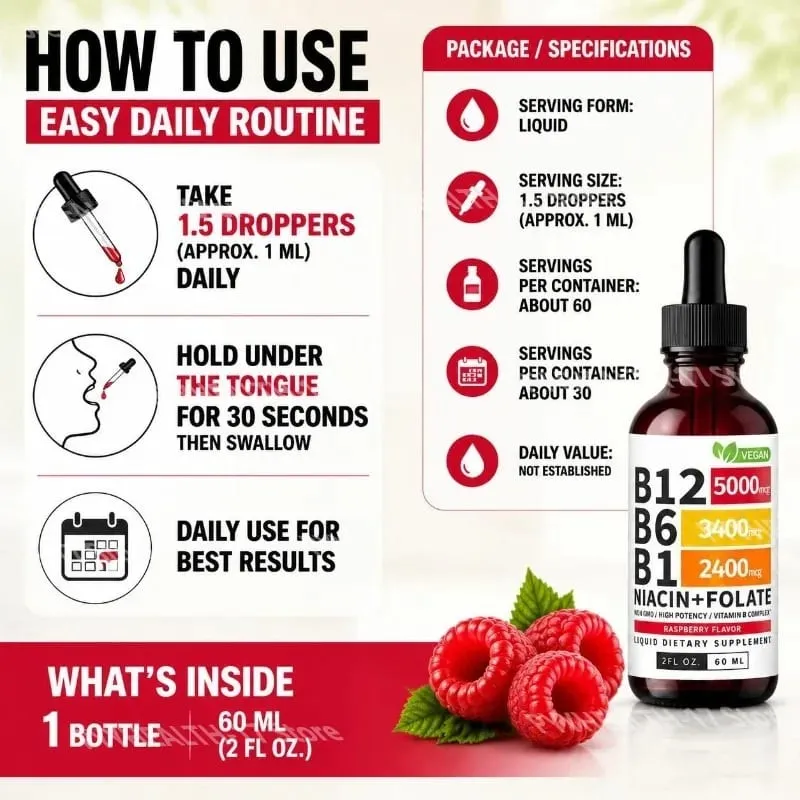 B12 B6 B1 Niacin Folate Liquid Sublingual Vegan B-Complex Drops for Daily Energy and Focus Support Raspberry for Men Women 60 ML — image 6