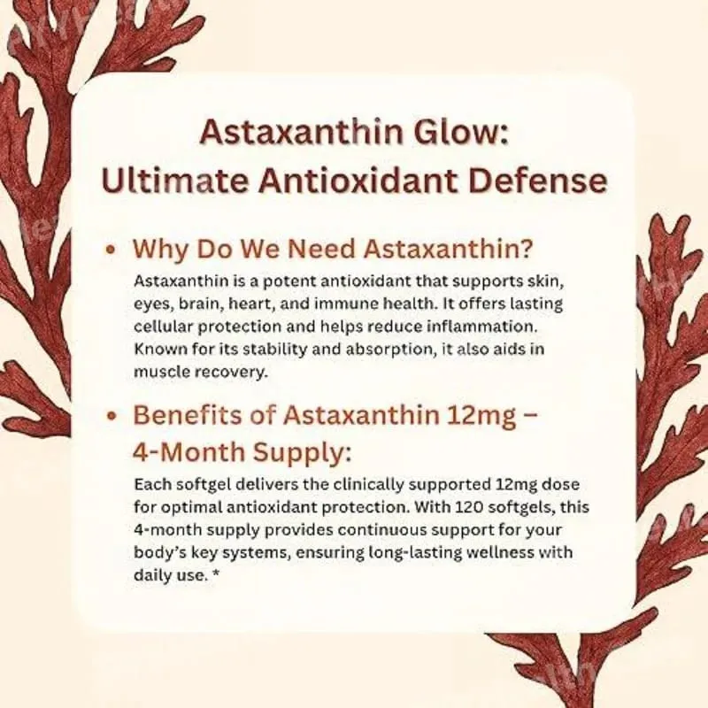 Astaxanthin 12mg Softgels with Oil From Plant-Based Microalgae with Oil Dietary Supplement 120 Pieces — image 6