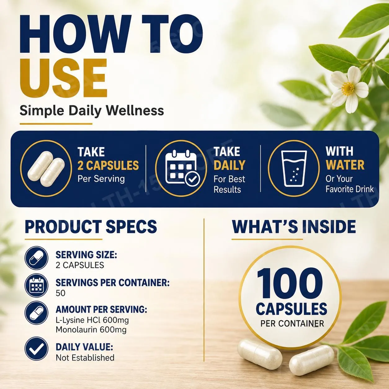 L-Lysine HCl & Monolaurin 1:1 Ratio Capsules Immune Wellness Daily Defense and Balance Support 600 mg Each 100 Count — image 5