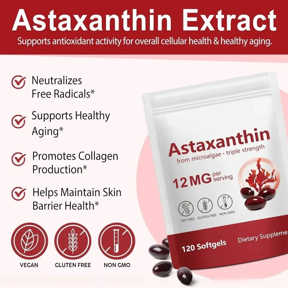 Astaxanthin Softgels 12mg Per Serving Microalgae 120 CT Gluten-Free Soy-Free Non-GMO Vegan Supports Antioxidant Activity — image 2