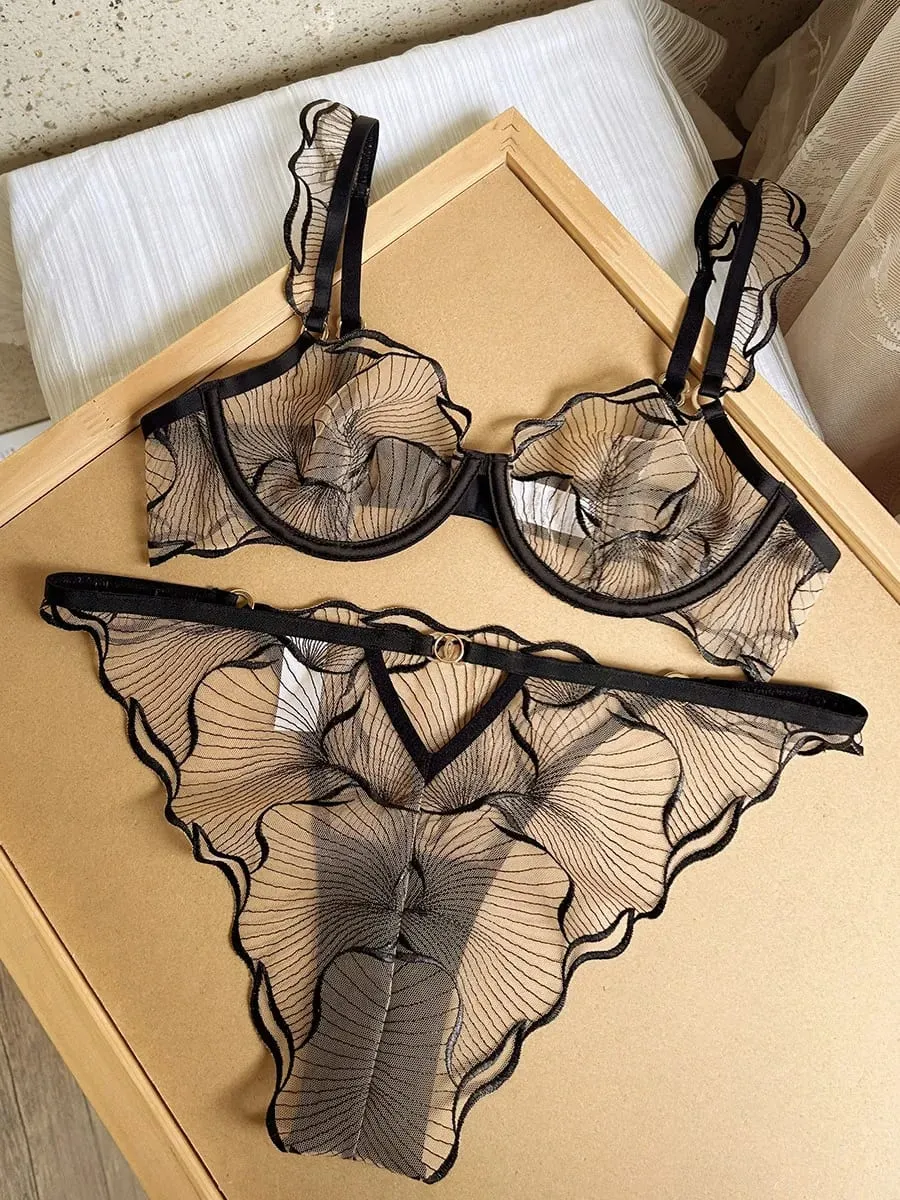 European Style Ultra Thin Sheer Lace Lingerie Set Embroidery Minimizer Bra Big Bust Support Slim Fit Underwear S-XL Size 32-38 — image 2
