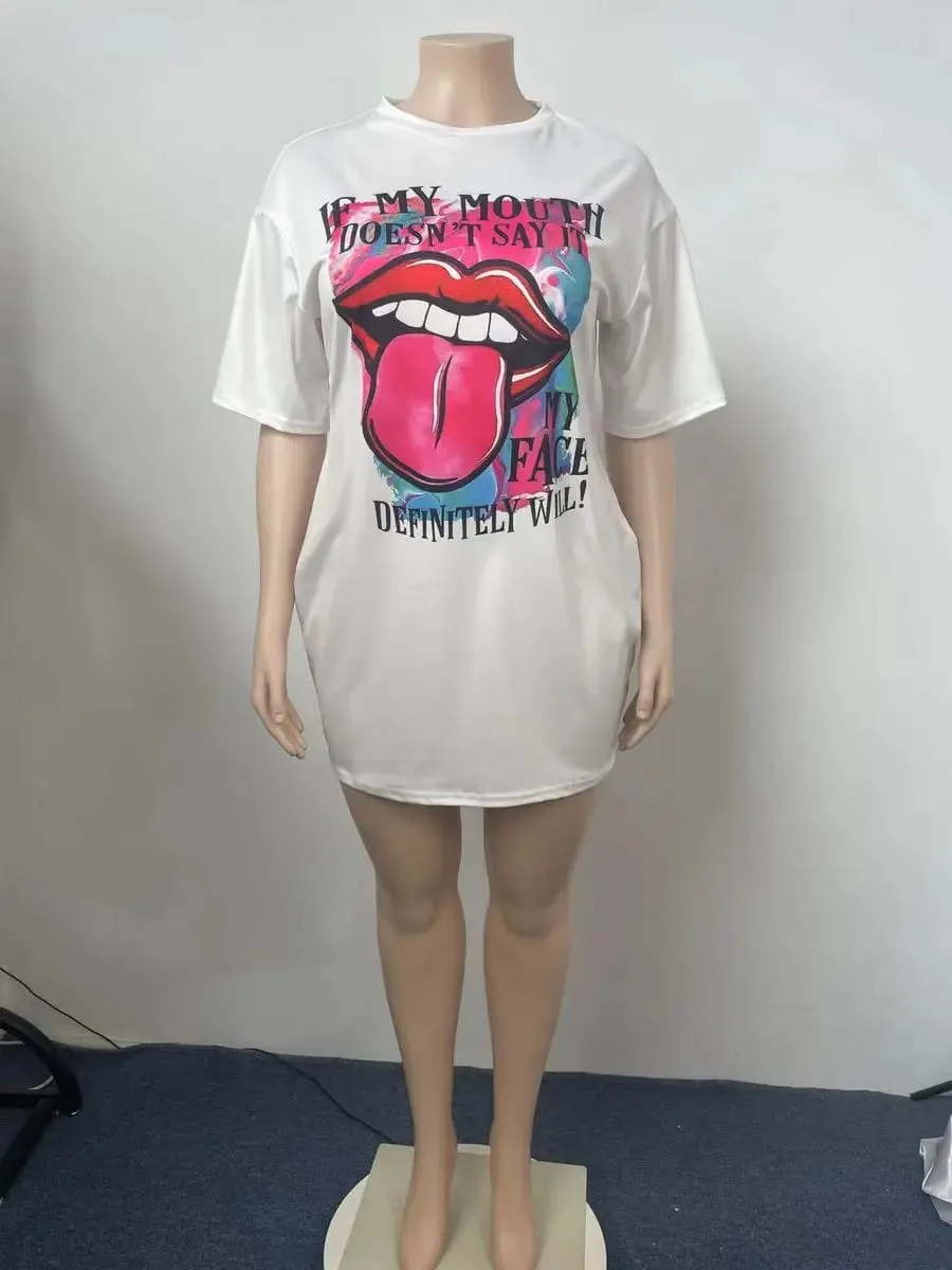 Kvinnor sommar avslappnat mode löst plus storlek bokstav läpptryck mönster tryckt kortärmad sommar T-shirt klänning — image 5