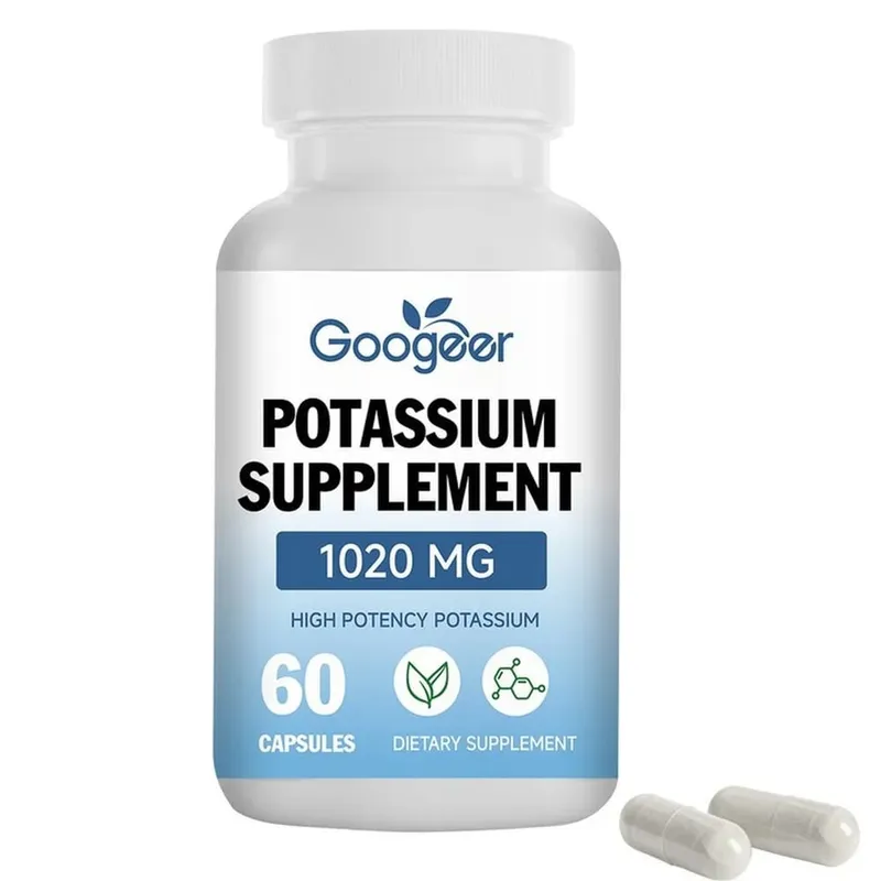 Cápsulas de suplemento de potássio Googeer para suporte diário de lacuna mineral 1020 mg equivalente a nível de potássio estável 60 cápsulas