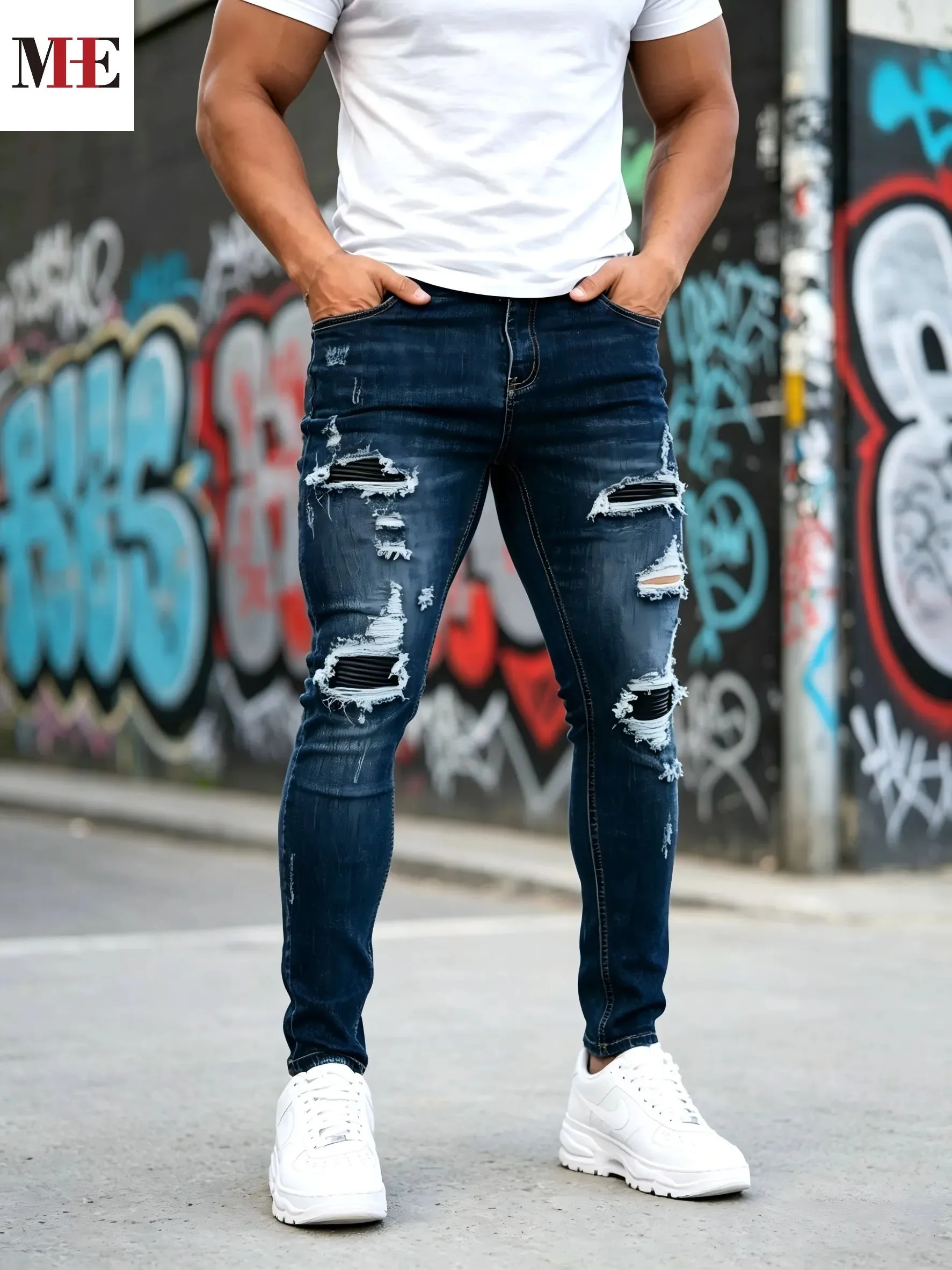 HME Men's Casual Denim Pants Dark Blue Slim Skinny Jeans with Black Stripe Patches for Daily Wear — image 3