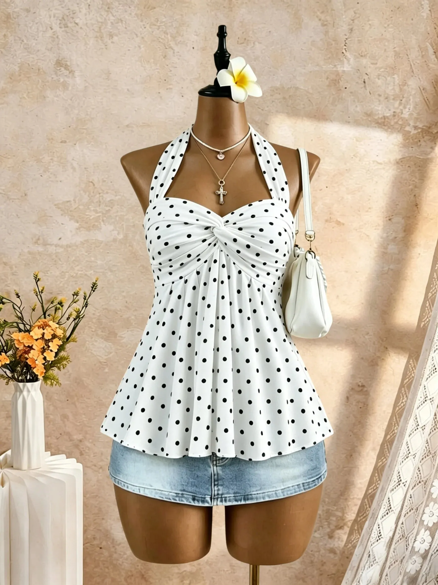 Women Halter Twist Front Sweetheart Neck Flared Peplum Camisole 2026 Summer Y2K Solid White Sleeveless Flowy Beach Vacation Tank