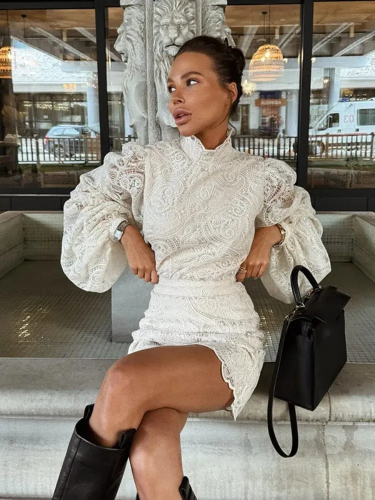 Mulheres elegantes rendas oco para fora mini vestido de manga cheia projetos chique alta pescoço vestidos curtos 2026 na moda primavera clube noite vestidos — image 3