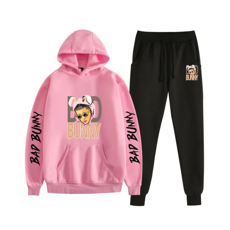 Harajuku Bekväm bad bunny Tryck Sweatshirt Träningsbyxor Kostym Dam Luvtröjor+ Byxor Kostym Pojkar/Flickor 2-delat set Kläder — image 62