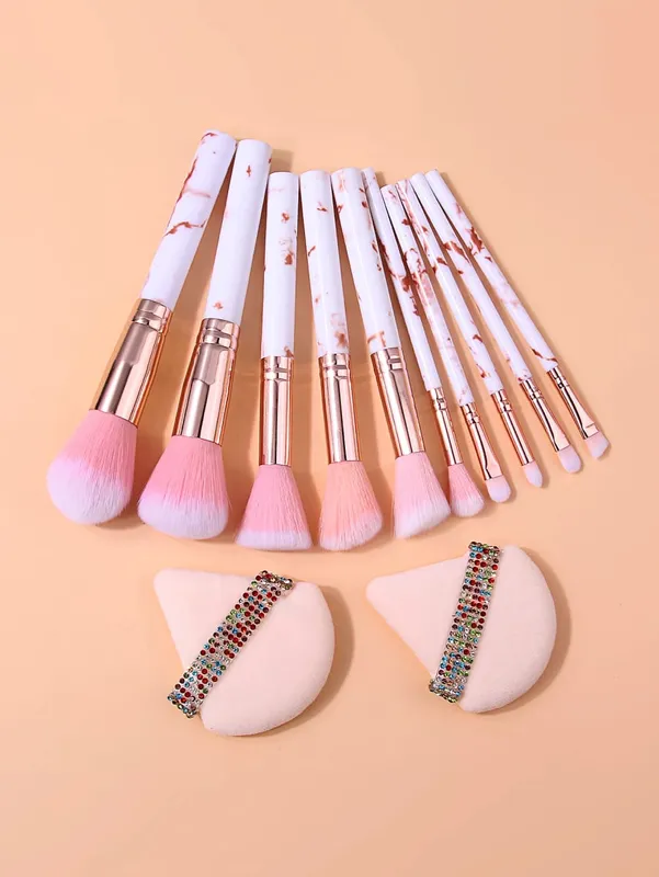 12Pcs Professional Makeup Brush Set with 2 Makeup Puff Soft Cosmetic Brushes for Powder Blush Eyeshadow Complete Makeup Kit