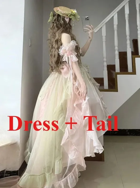 Dophee Original Lolita Trailing Puffy Dress Kvinnor Kort Fram Lång Baksida Prinsessan Blå Blomma Bröllopsklänning Elegant Off Shoulder — image 14