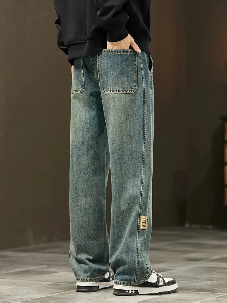 Korean Loose Wide Legs Jeans Men's Vintage Wash Denim Pants Fashion Streetwear Casual Baggy Straight Male Trousers — image 3