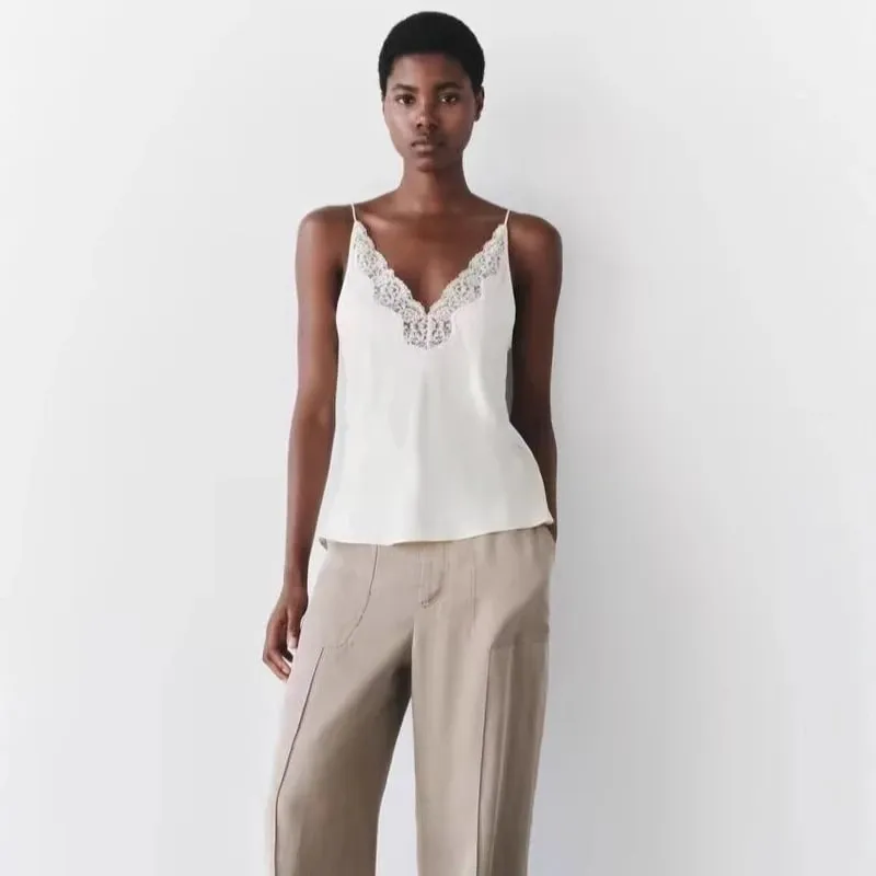Women Lace Patchwork Tanks Tops Satin V-neck Solid Sleeveless Camisole Summer Women Spaghetti Strap Mini Tops Fashion Slim Camis — image 4