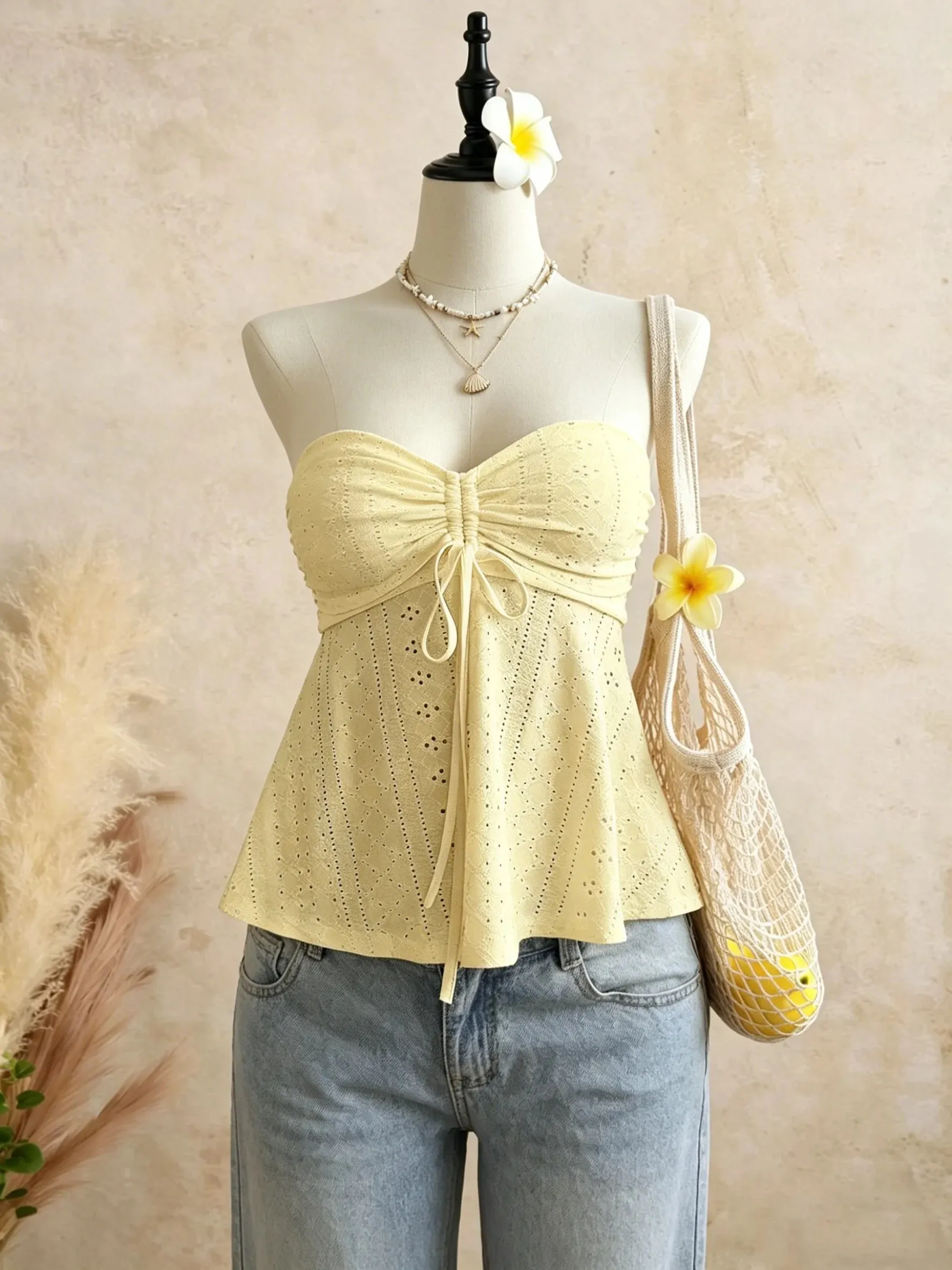Women Yellow Eyelet Lace Tube Top Casual Ruched Tie Front Peplum Strapless Camisole — image 4