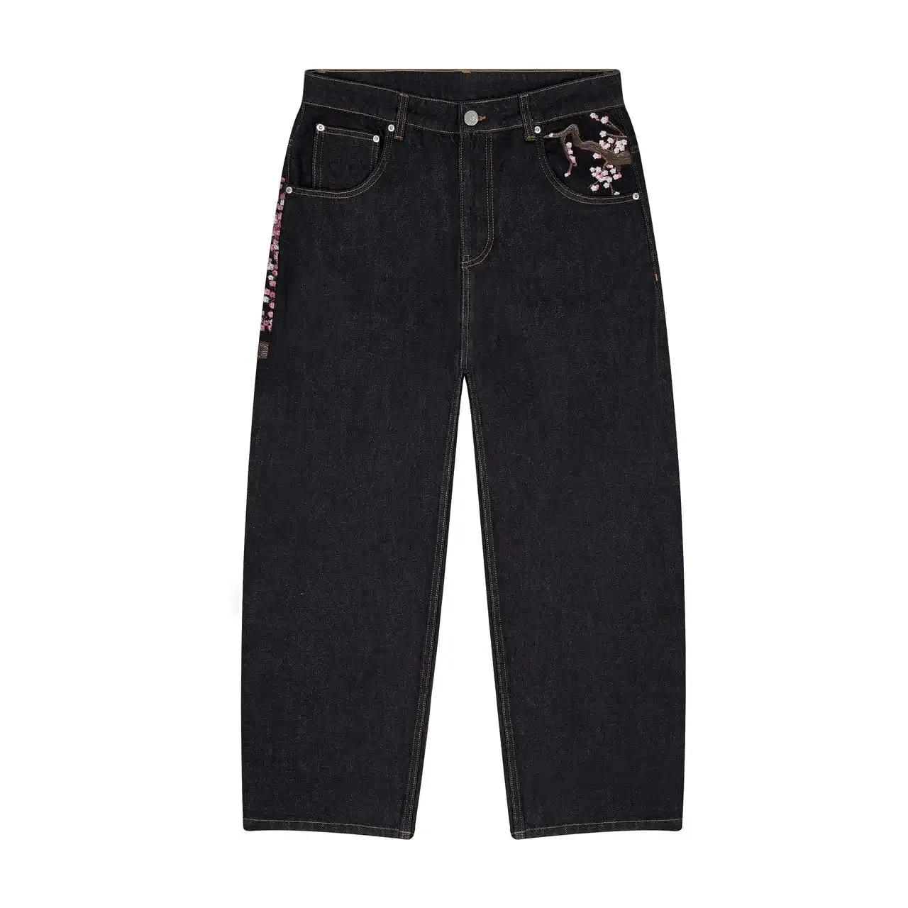 American Retro Pocket Cherry Blossom Embroidered Jeans Y2k Vintage Men Casual Baggy Straight Wide Leg Denim Pants Hip Streetwear — image 6
