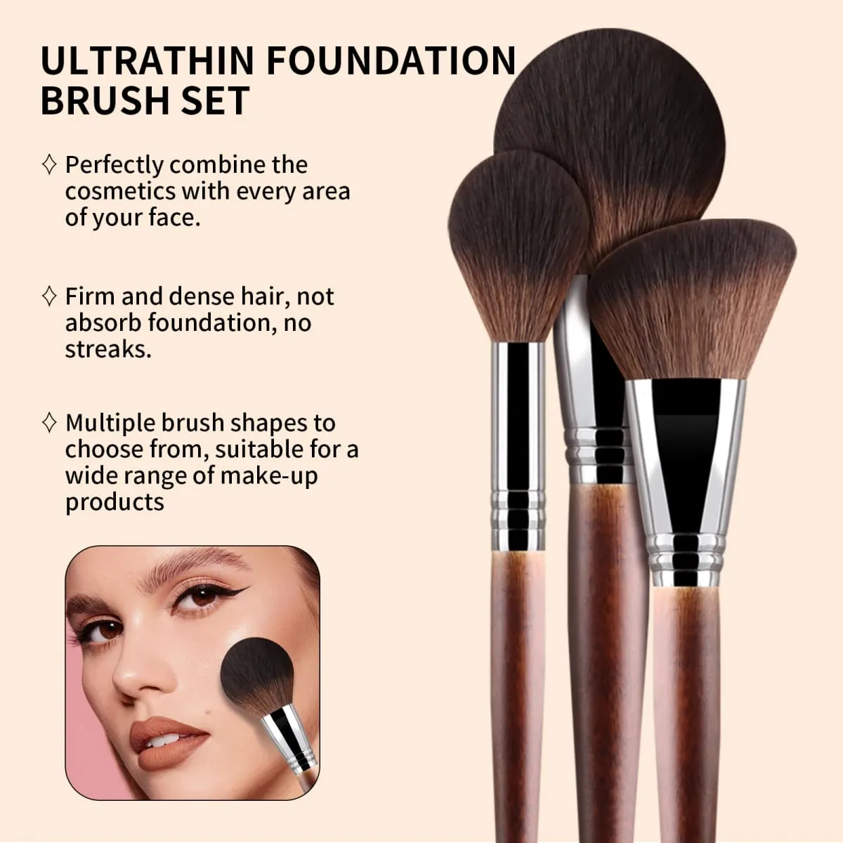 3Pcs Solid Wood Handle Powder Brush Set Round Setting Powder/Angled Contour/Flame Blush Brush Synthetic Fiber — image 5