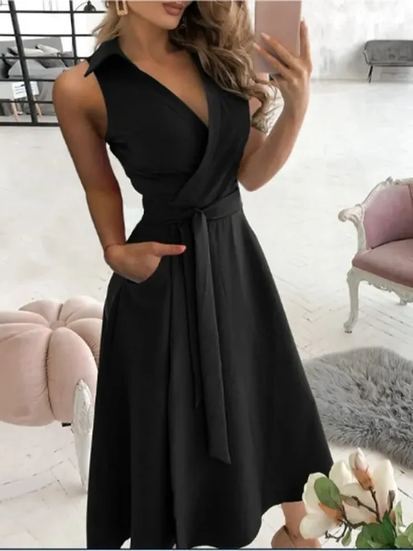 Robe à lacets pour femmes, col en v, manches courtes, couleur unie, poches, élégante, mode bureau, Style de déplacement, été