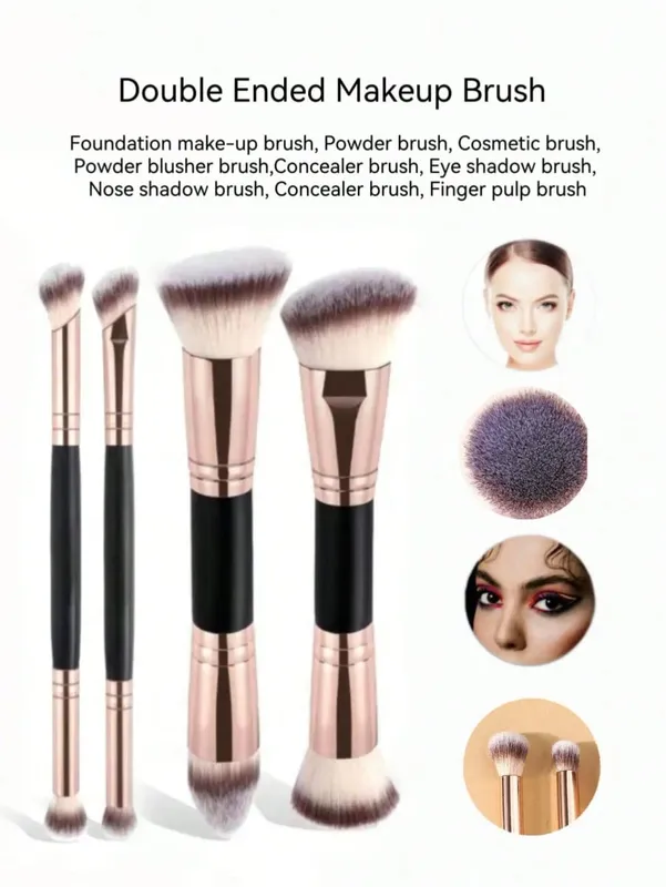 4-piece dual-ended multifunctional makeup brushes for the face portable dual-ended foundation brush contour brush loose powder brush blush brush eyeshadow brush nose shadow brush angled brush — image 4