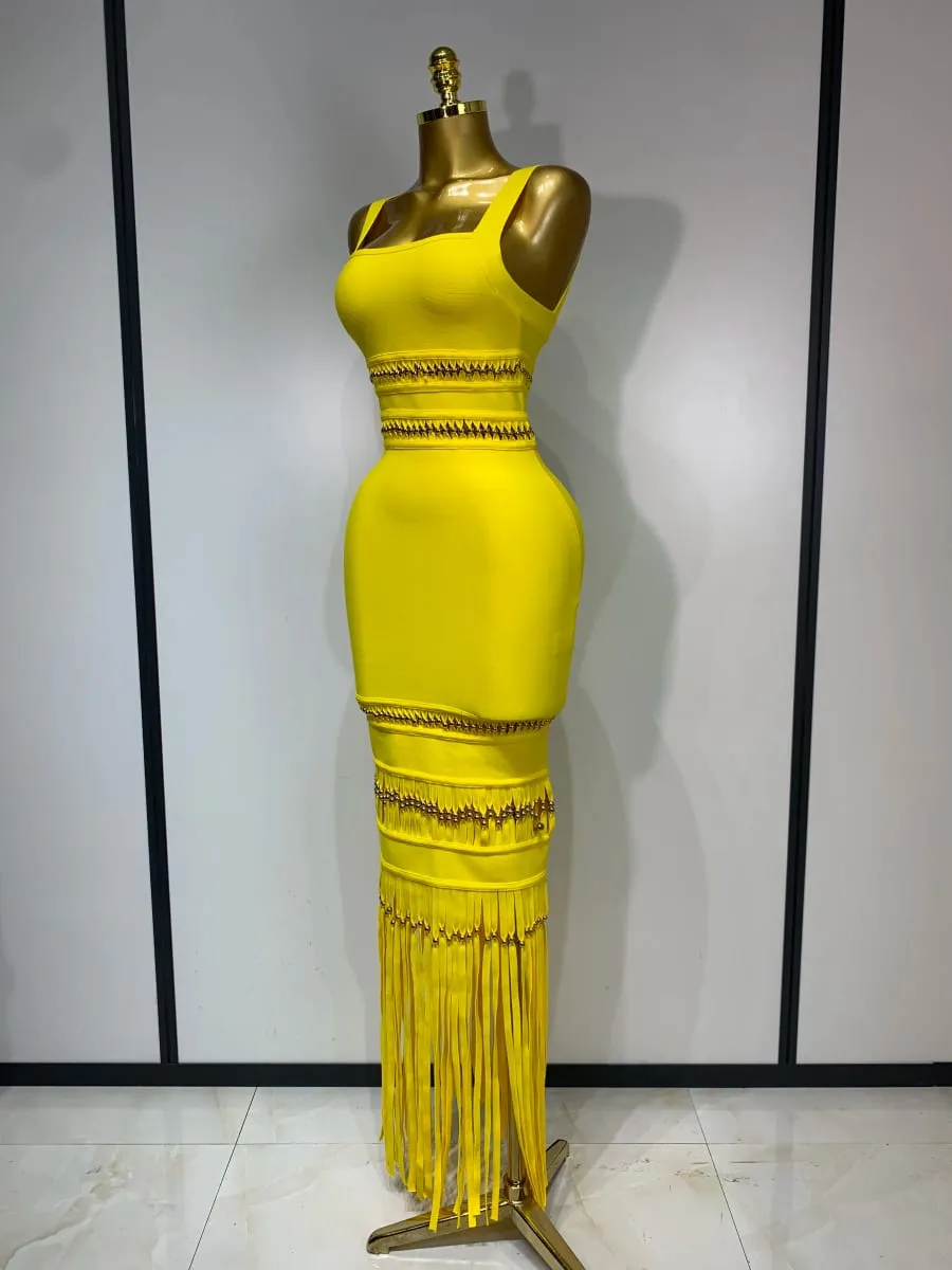 Mulheres sem mangas sexy gola quadrada borla bodycon bandage vestido celebridade elegante festa de noite vestido de aniversário de alta qualidade — image 2