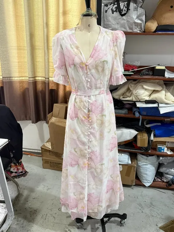Pink Floral Print Maxi Dress V-neck Ruffle Trim Flare Women Sleeve Ruched High Slit Chiffon Dresses Elegant Evening Party Robe — image 9