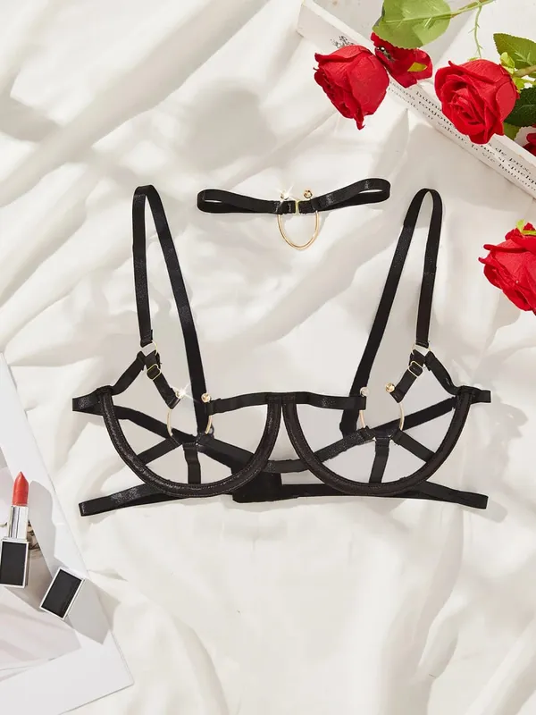 Black Lingerie Set Women Hollow Out Bra Panty Metal Ring Decoration Sexy Transparent Underwear Exotic Girl Uniform Set