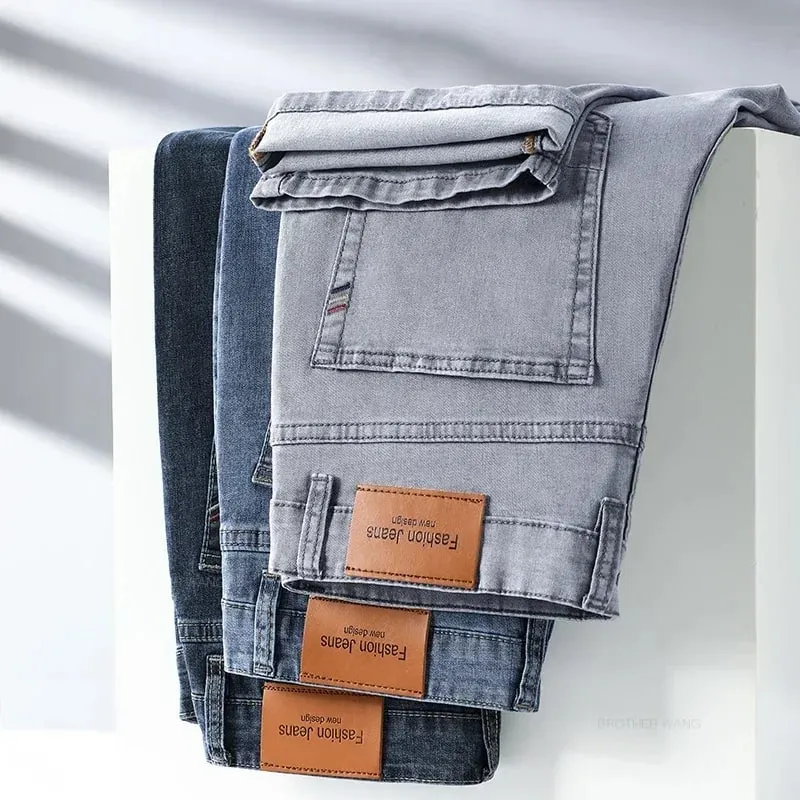 Marca de verão masculina ajuste reto leve algodão estiramento jeans negócios casual cintura alta fina luz cinza calças dos homens — image 2