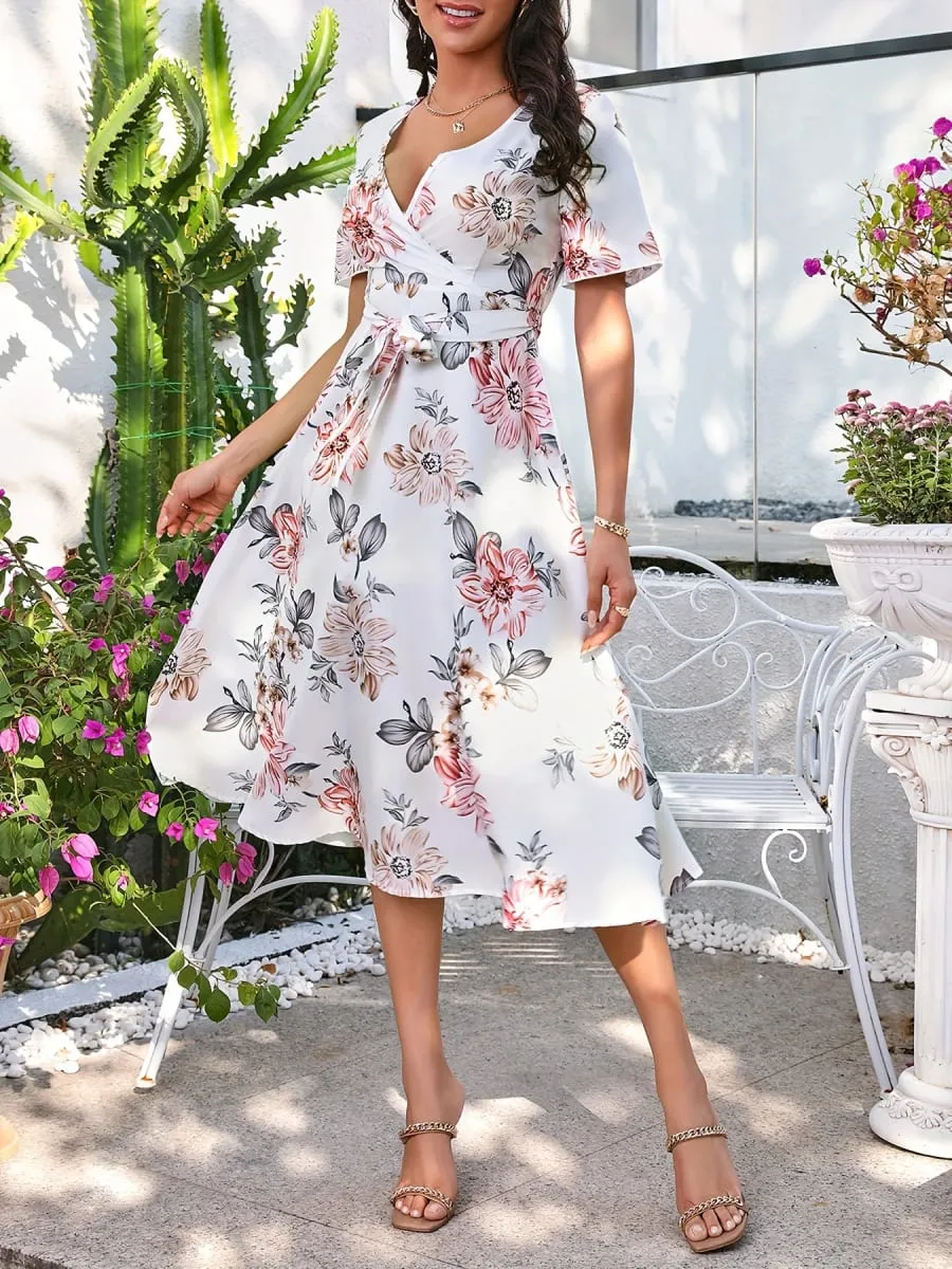 Women's Floral Print Wrap Dress - Short Sleeve V Neck Belted Midi Dress — image 6