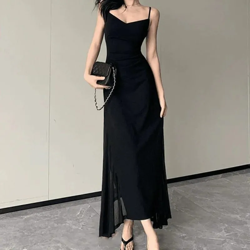 Vestido coreano com alça espaguete, decote em v, sexy, costas nuas, cintura apertada, vestidos de festa femininos, elegante, preto, transparente, midi, novo