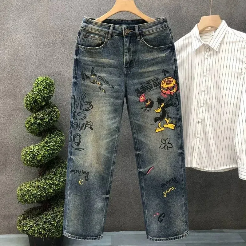 Spring and Autumn New Fashion Trend Print Straight Elastic Denim Pants for Men Casual Loose Retro Sport High-Quality Denim Jeans