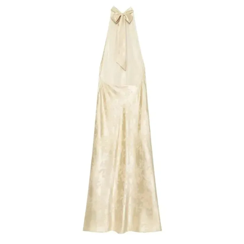 2026Minimalist Style Summer Women S Backless Flower Jacquard Hanging Neck MIDI Dress Bare Shoulders Fashion Elegant Long Dresses — image 4