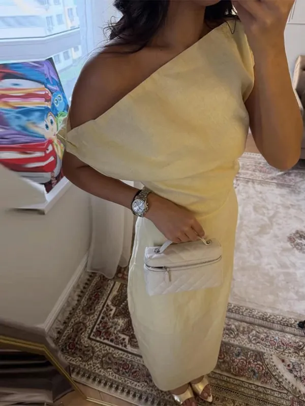 Vestidos maxi de linho fora do ombro feminino fino cintura-cinching hip-envoltório tornozelo comprimento vestido 2026 novas senhoras verão sólido outwear — image 9