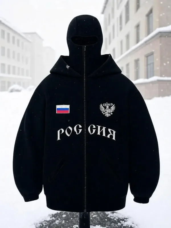 Hip Hop Ansiktsskydd Huvtröja Unisex Lös Svart Zip Up Sweatshirt Örn Flagga Tryckt Design — image 4