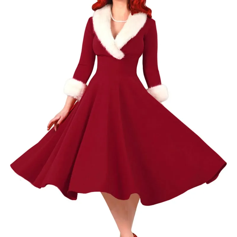 Ano novo vestido de natal feminino natal sexy traje manga longa decote em v pelúcia quente festa plissado elegante túnica vestidos de balanço
