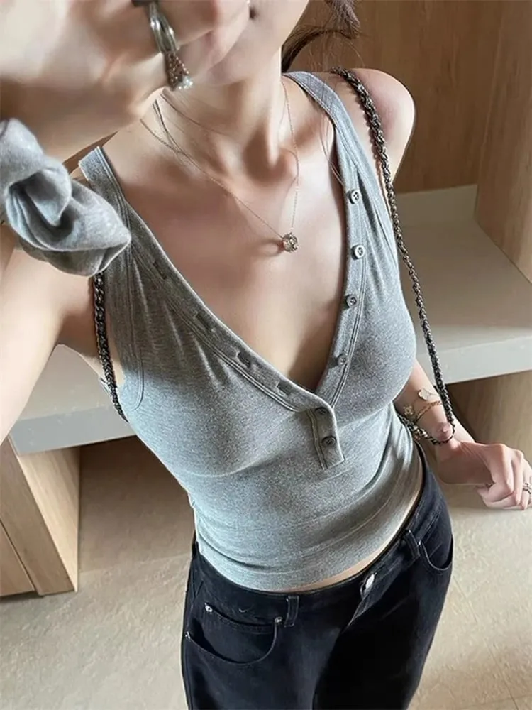 zjaiss Fashion Slim Fit Tank Top 2026 Summer V-neck Button Women Cami With Built-in Bra Pad Casual Basic Inner Top — image 5